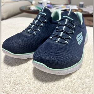 Skechers SUMMITS Women 11 Navy Aqua Bungee Laced Slip-On Sneaker Shoes